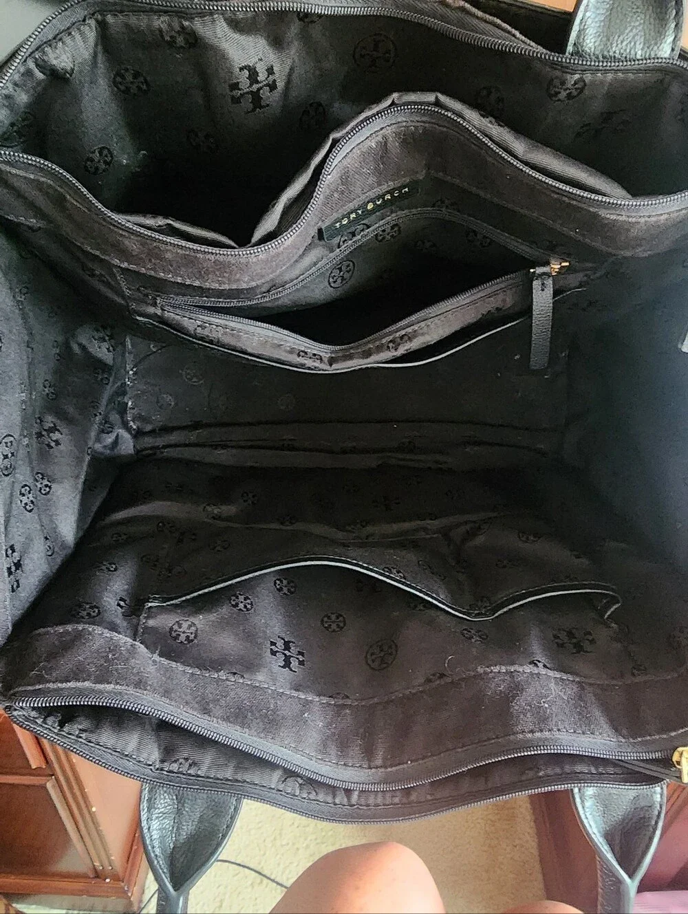 Tory Burch Black Leather Tote with Embossed Logo